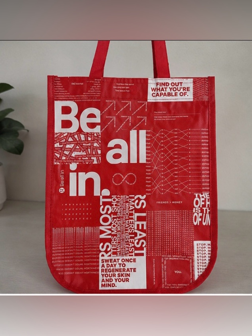 Small Lululemon Reusable Tote Bag Red Graphic Print Lunch  Bag